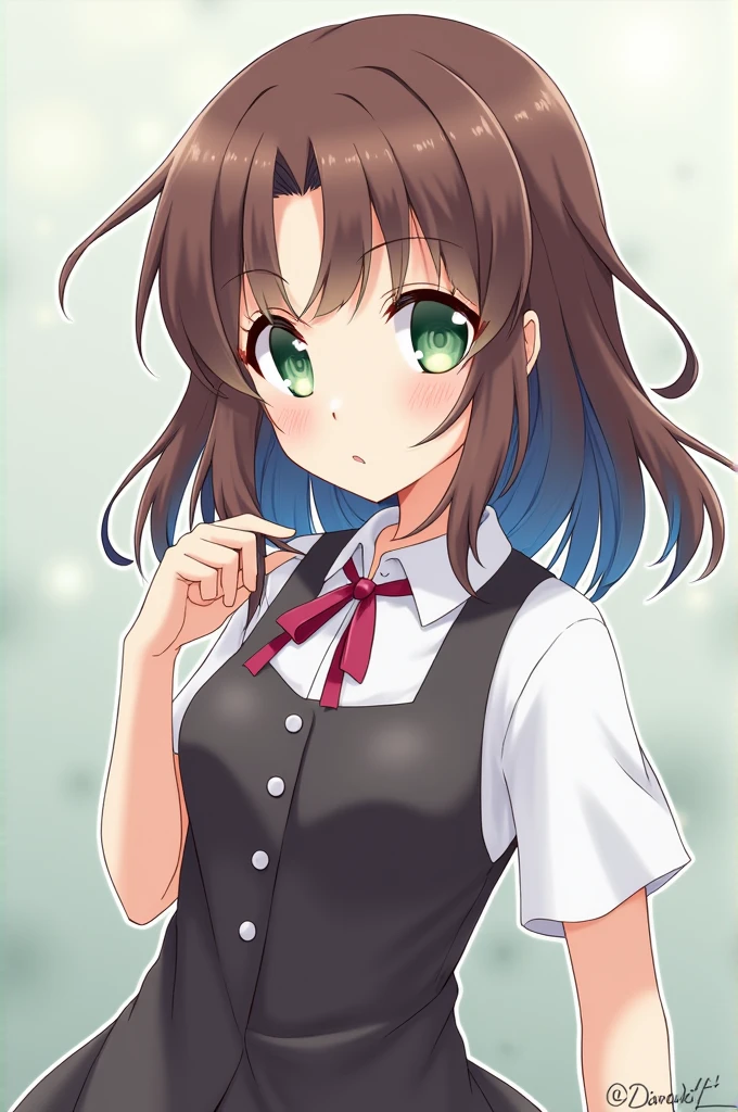 Anime girl with medium brown hair and blue locks, green eyes in a dress