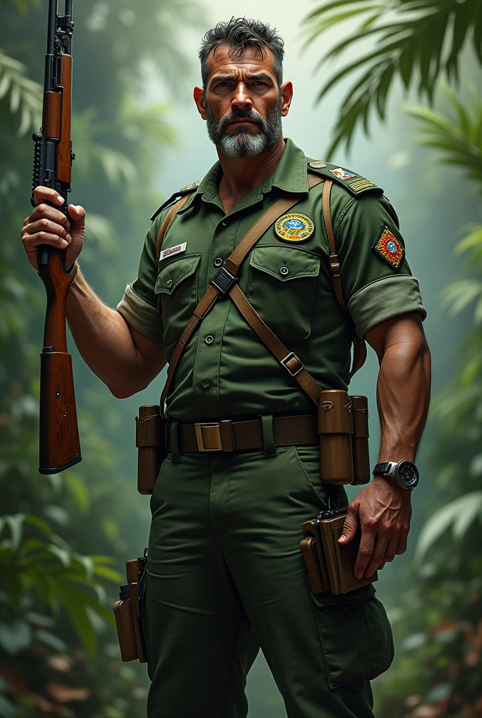 Draw a Brazilian army soldier holding a paintbrush in one hand and a rifle in the other