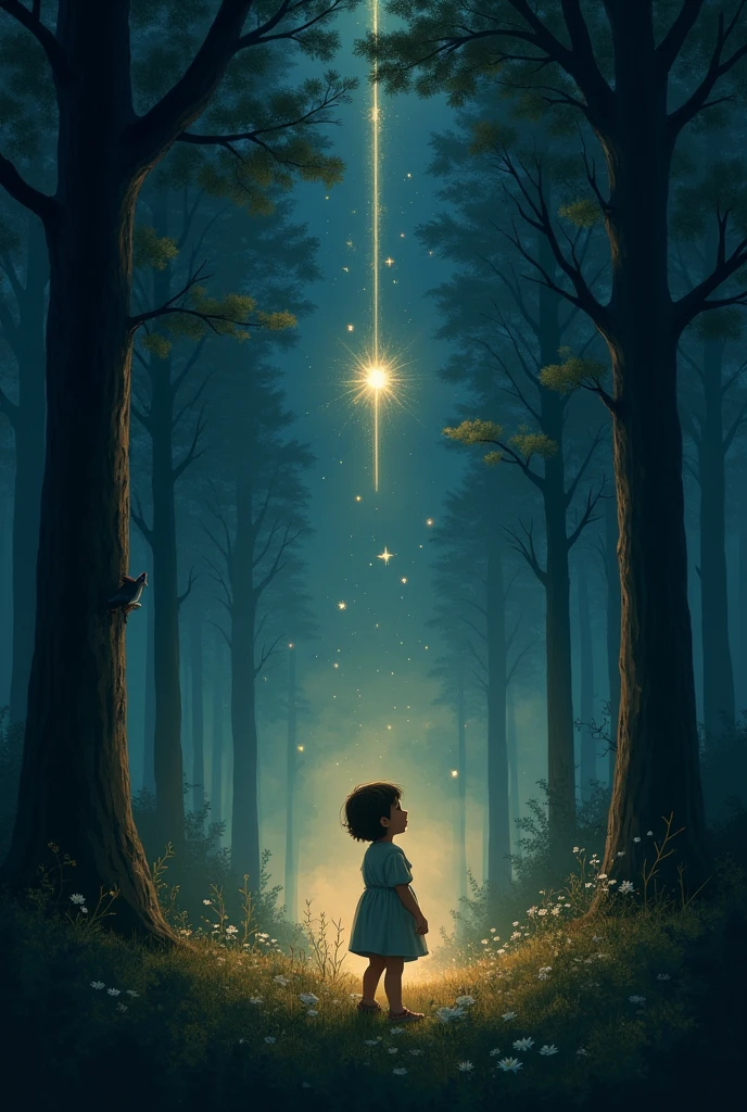 To a child who closes his eyes and a star is slowly falling from the sky to his roof where the child is in the middle of the forest