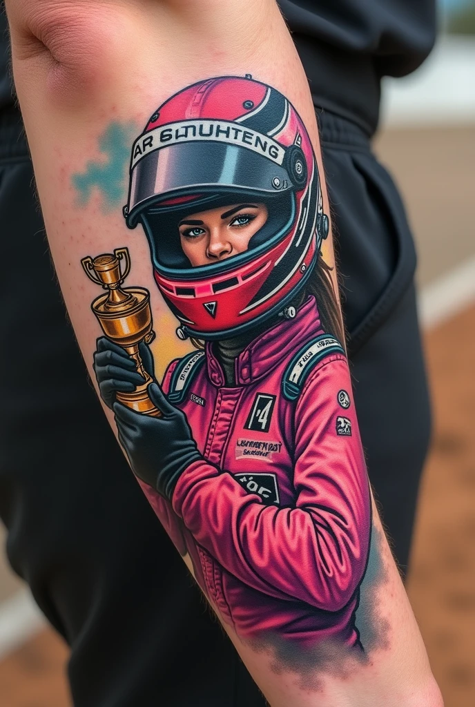 Forearm with linear tattoo of a female race car driver, on dirt track in pink racing suit, on his suit written the number 14, with black and pink closed helmet, and in his hands a trophy