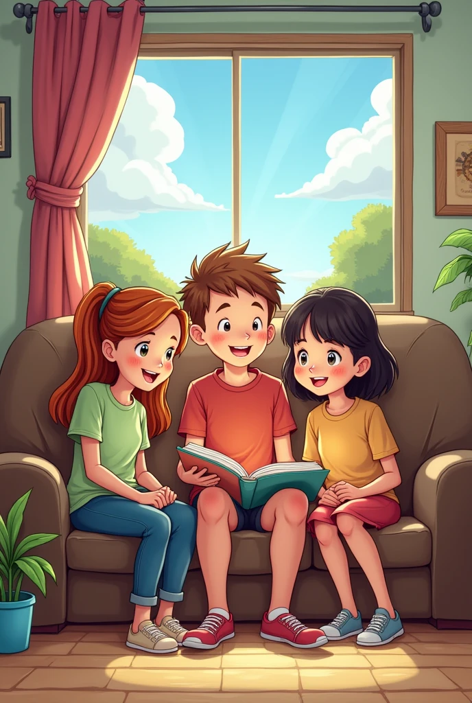 Group of teenagers happily reading cartoon



