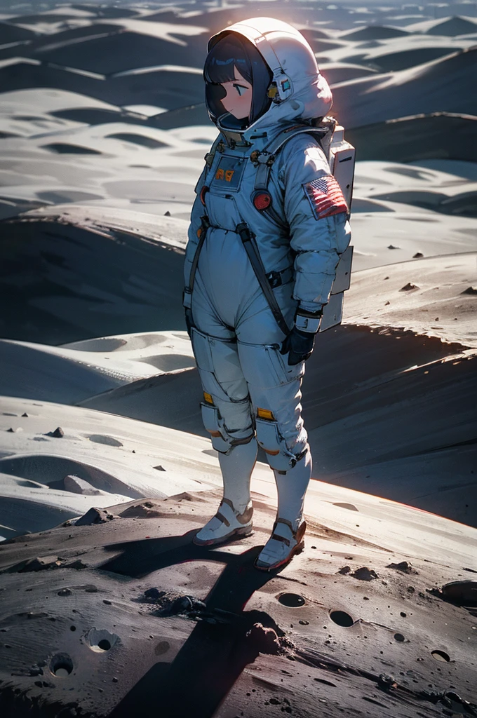 a woman on moon. moon surface. standing. earth 