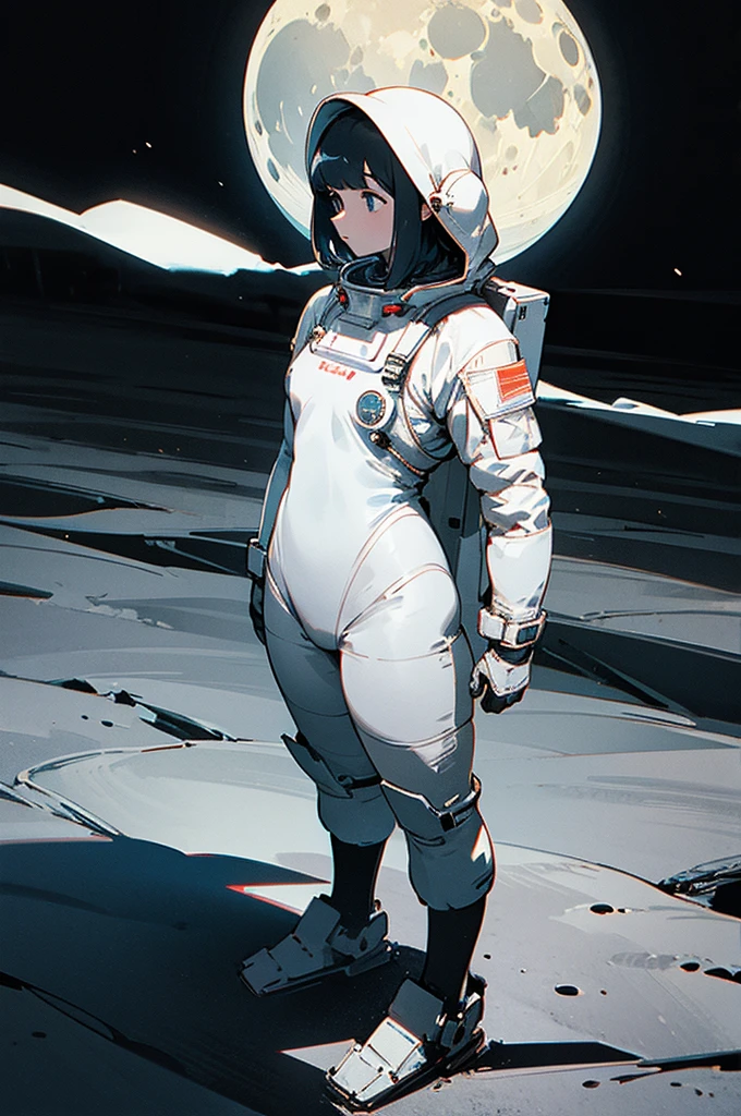 a woman on moon. moon surface. standing. earth