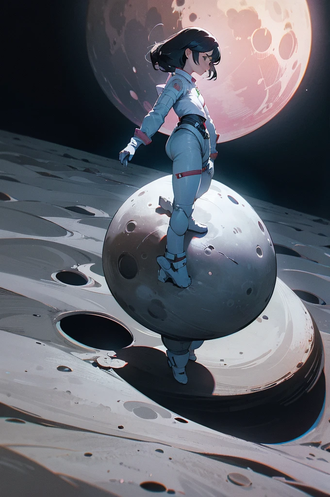 a woman on moon. moon surface. standing. earth 