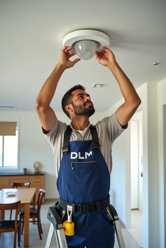 30 year old male technician, from sideways, changing ceiling light, ABNT standard of Brazil, wide image of house with white walls, showing table with chairs in the background of the image, with uniform written DLM