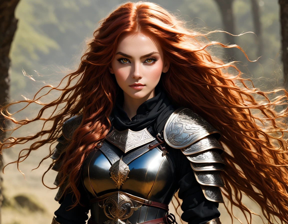 an image Nayane Laura Menequel XX weeks 13, a beautiful young woman with a friendly warrior appearance, detailed light honey eyes, long red hair, wearing black boots, she is in a full body pose