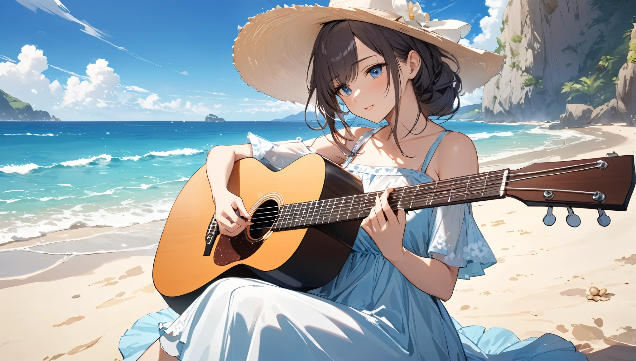 Highest quality,Woman playing an acoustic guitar,Wear a dress,sit,beach,Ocean,blue sky,summer