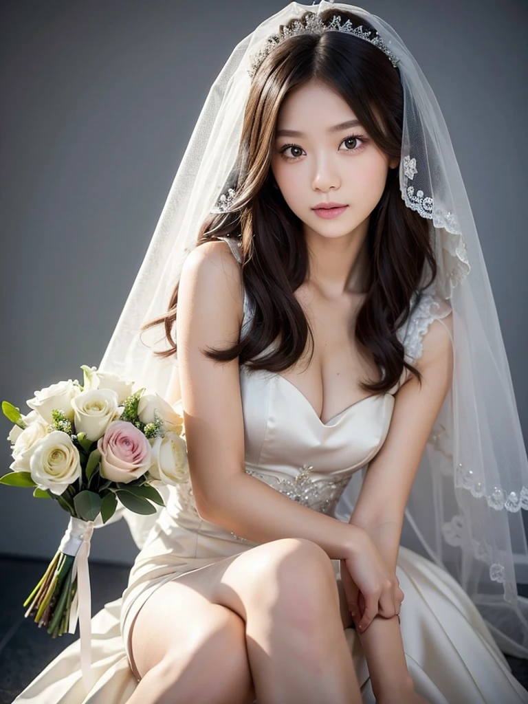 empire wedding dress、Show off your legs、bouquet、Veil、white chapel、(Highest quality)、((Very detailed))、4K、(8k)、masterpiece、Very detailedな、Highest quality、Super Resolution、1 person、Kind Face、Soft Light、RAW quality、Soft Skin、163cm、28 years old、Show off your thighs、Textured skin