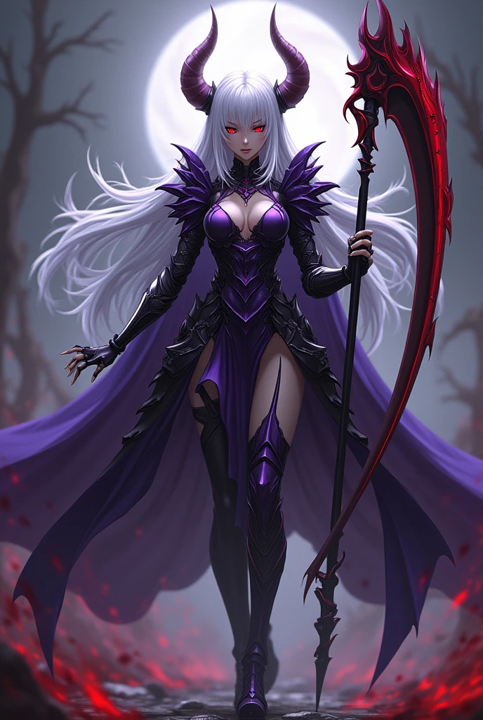 (((Masterpiece, best quality, 16k))) female character with long white hair and piercing red eyes. She wears a demonic armor in purple, black, and white. wields a large, stylized scythe. The character has a menacing expression, with a chaotic environment as the background. ((full body front view)). ((slender)), (extremely detailed:1.5), (long white hair:1.2), (piercing red eyes:1.2), (chaotic environment:1.1), (demonic armor:1.3), (stylized scythe:1.3).