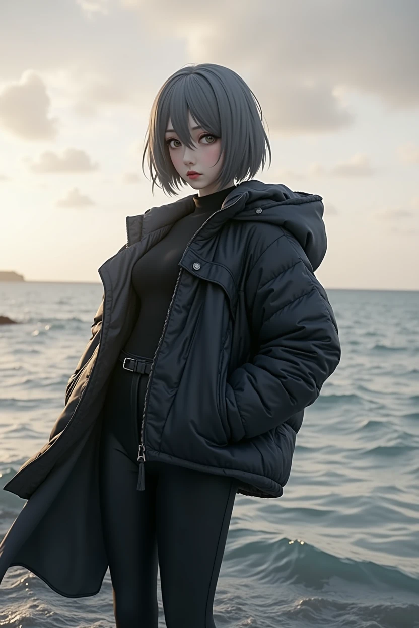 (RAW photo, best quality, masterpiece: 1.2), (photorealistic: 1.4), best lighting, 20 years old, (detail face, detail eyes, light gray eyes, light gray hair, short straight bob cut, Symmetrical eyes, huge breasts :1.3)