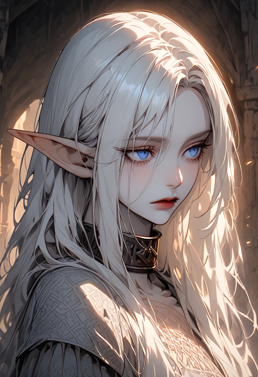 solo, female, close up, elf, pointed ears, pale skin, pinprick scars, scarified, white hair, collar, tall, ethereal beauty, slender, lithe frame, long hair, cold eyes, blue eyes, serene elegance, haunted expression, pattern scars, slight build, tough, fragile appearance, quiet dignity, medieval, tattered clothes, calm, warm light