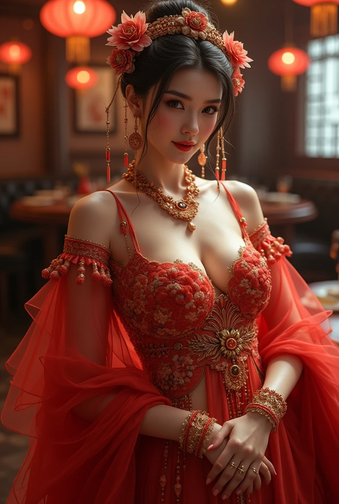 Chinese girl with coins gold , thick body, curvy body, curvy waist, big breast, white skin, gorgeous costumes embroidered with intricate embroidery, exposed breasts, flowing tulle, transparent long colorful ribbons tied on the arms, inspired by cinderella, showing navel, bare shoulders, bare neck, hair in a high bun with flower hairpins, ribbons on arm rings, wreaths, bracelets, anklets, high heels, metal chain tassels on the waist, Mogao Grottoes art, ink painting, cgstation pop, in the night club, ((fullbody)), ((super realistic))