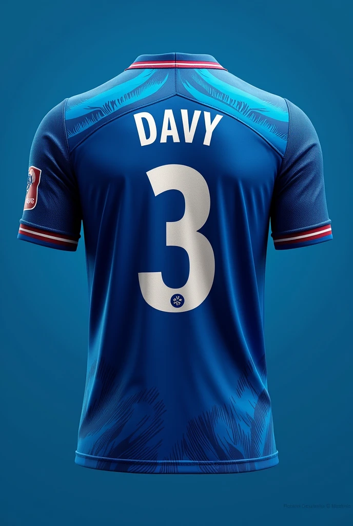 create a football team shirt in the blue color of the blue macaw that accurately represents the blue macaw of Brazil. The name of the shirt is Davy with number 3.