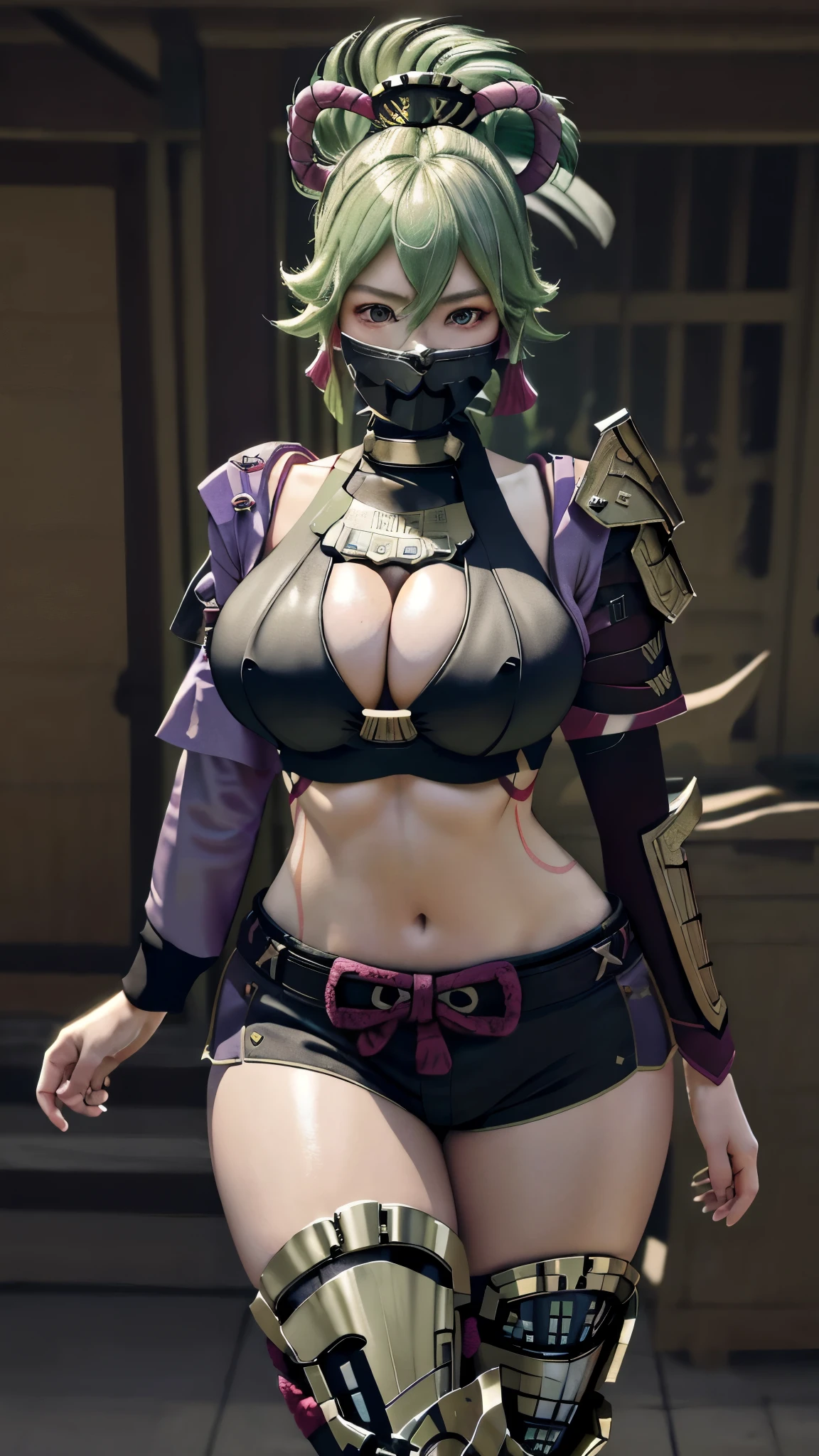 masterpiece, best quality, highres, beautiful face, top body is hyper realistic thicc muscle and hyper largest_breasts!! with the type of squeeze boobs_melons, lower is huge buttocks, shiny body, 1girl kuki shinobu, crop top shorts open jacket, armor shoulder armor leg armor, mask