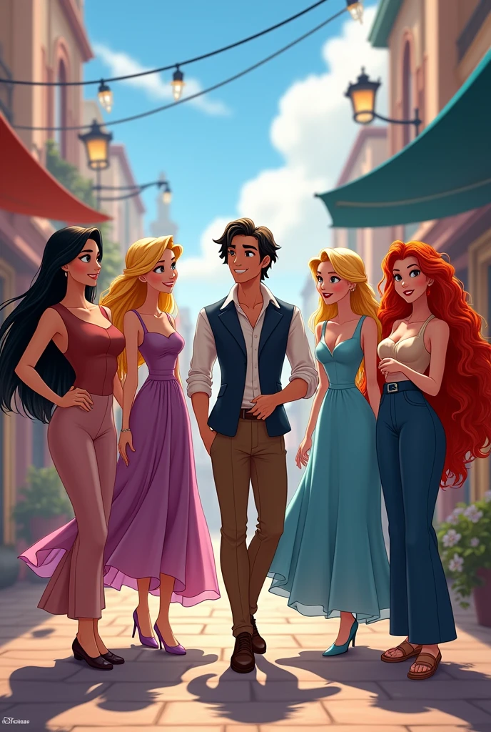 ((Best Quality)), ((masterpiece)), (detailed), ((group)) group de princesaa vestidas como en la actualidad , 4 girls, Mulan, Rapunzel, Aurora and Merida, next to them a boy, Prince Flynn, having fun