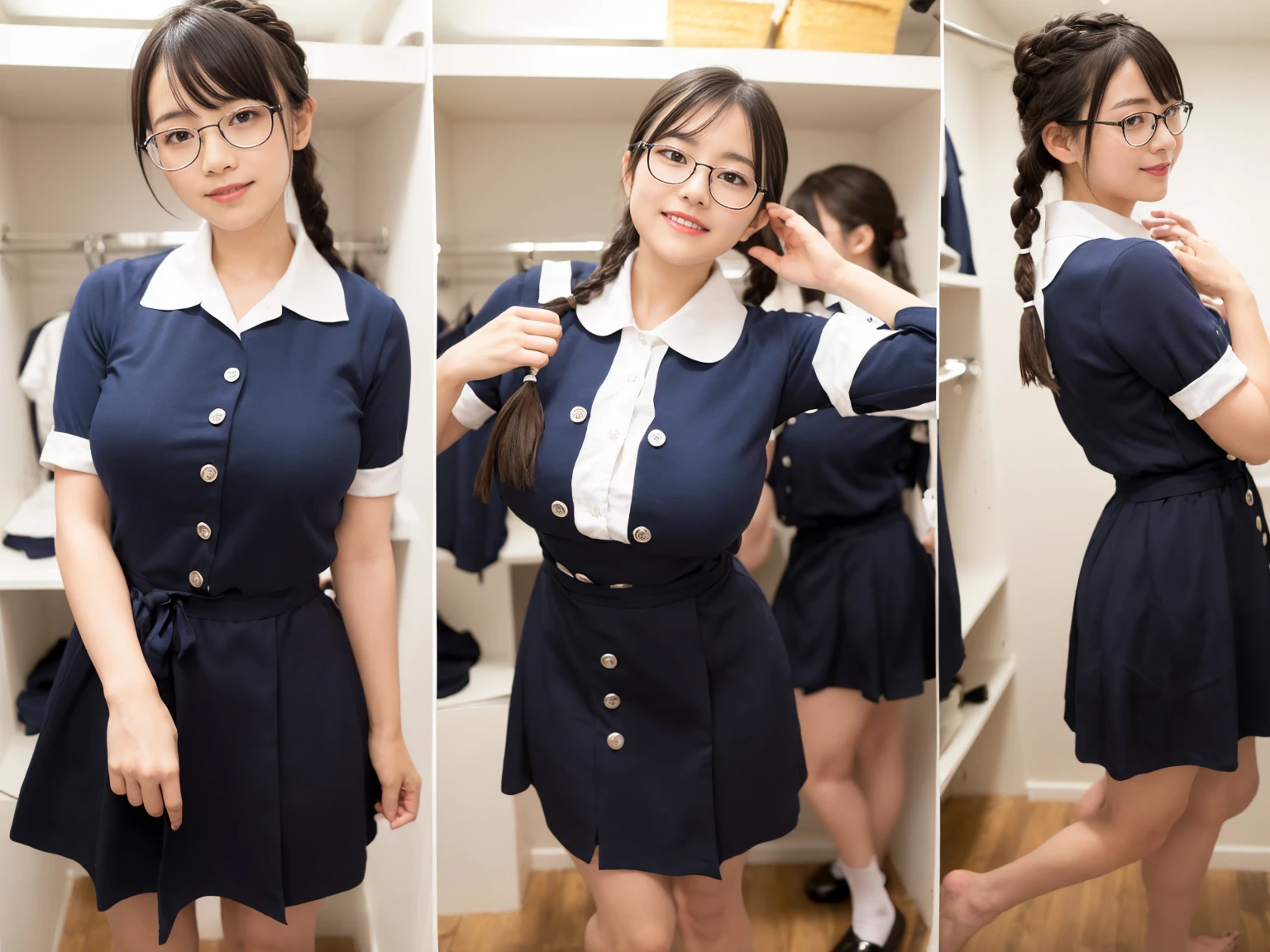 masterpiece, Highest quality, figure, Very detailed, The finer details, High resolution, 8k,wallpaper, Perfect dynamic composition,(Detailed high quality, Realistic depiction of eyes:1.3),(A tight-fitting waitress uniform with buttons on the collar and chest), Seraphim, The background is an empty changing room, Deep in the field, Black hair color, Big Natural Color Lip, (Perfect figure), (smile)、Harajuku Style, Adorable expression、Expressions of happiness、Amazingly cute、Cute type、Beautiful feet, Idol Sculpture、(Changing clothes in the changing room:1.5)、(In the process of taking off clothes:1.5)、Braid、Glasses、Big Breasts