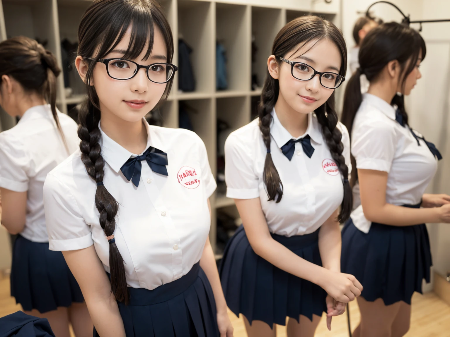 masterpiece, Highest quality, figure, Very detailed, The finer details, High resolution, 8k,wallpaper, Perfect dynamic composition,(Detailed high quality, Realistic depiction of eyes:1.3),(A tight-fitting waitress uniform with buttons on the collar and chest), Seraphim, The background is an empty changing room, Deep in the field, Black hair color, Big Natural Color Lip, (Perfect figure), (smile)、Harajuku Style, Adorable expression、Expressions of happiness、Amazingly cute、Cute type、Beautiful feet, Idol Sculpture、(Changing clothes in the changing room:1.5)、(In the process of taking off clothes:1.5)、Braid、Glasses、Big Breasts