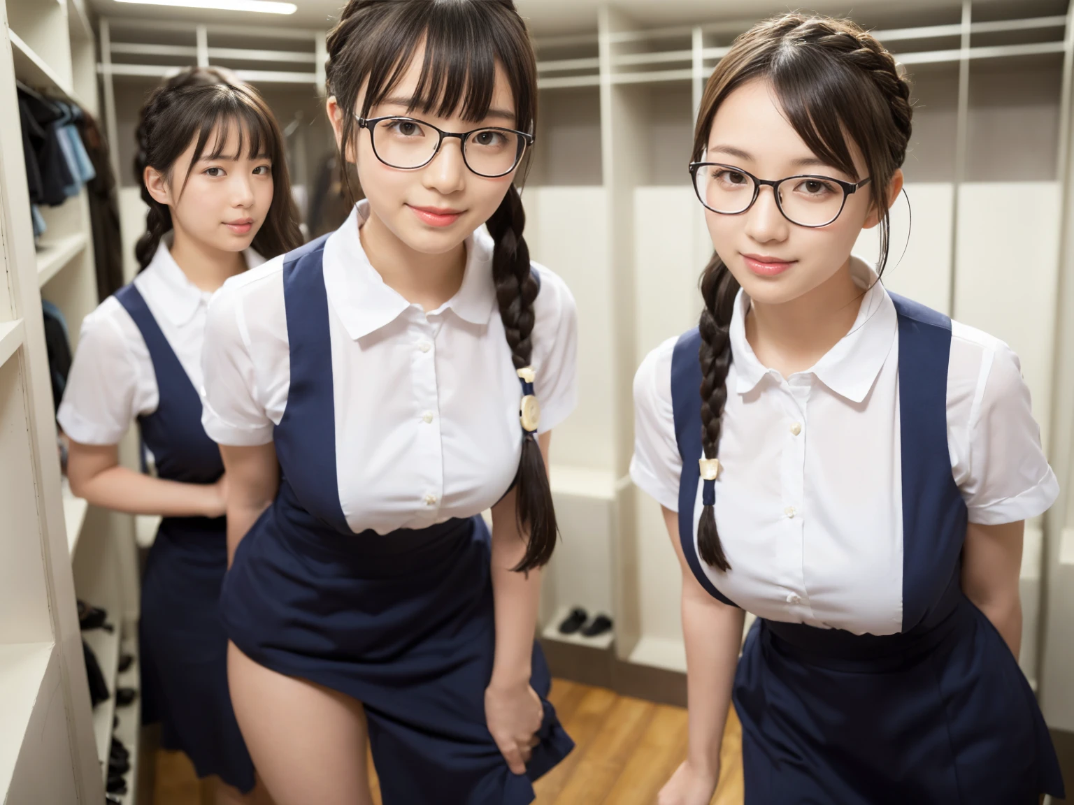 masterpiece, Highest quality, figure, Very detailed, The finer details, High resolution, 8k,wallpaper, Perfect dynamic composition,(Detailed high quality, Realistic depiction of eyes:1.3),(A tight-fitting waitress uniform with buttons on the collar and chest), Seraphim, The background is an empty changing room, Deep in the field, Black hair color, Big Natural Color Lip, (Perfect figure), (smile)、Harajuku Style, Adorable expression、Expressions of happiness、Amazingly cute、Cute type、Beautiful feet, Idol Sculpture、(Changing clothes in the changing room:1.5)、(In the process of taking off clothes:1.5)、Braid、Glasses、Big Breasts