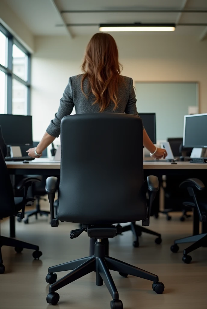 girl stealing a black chair at work