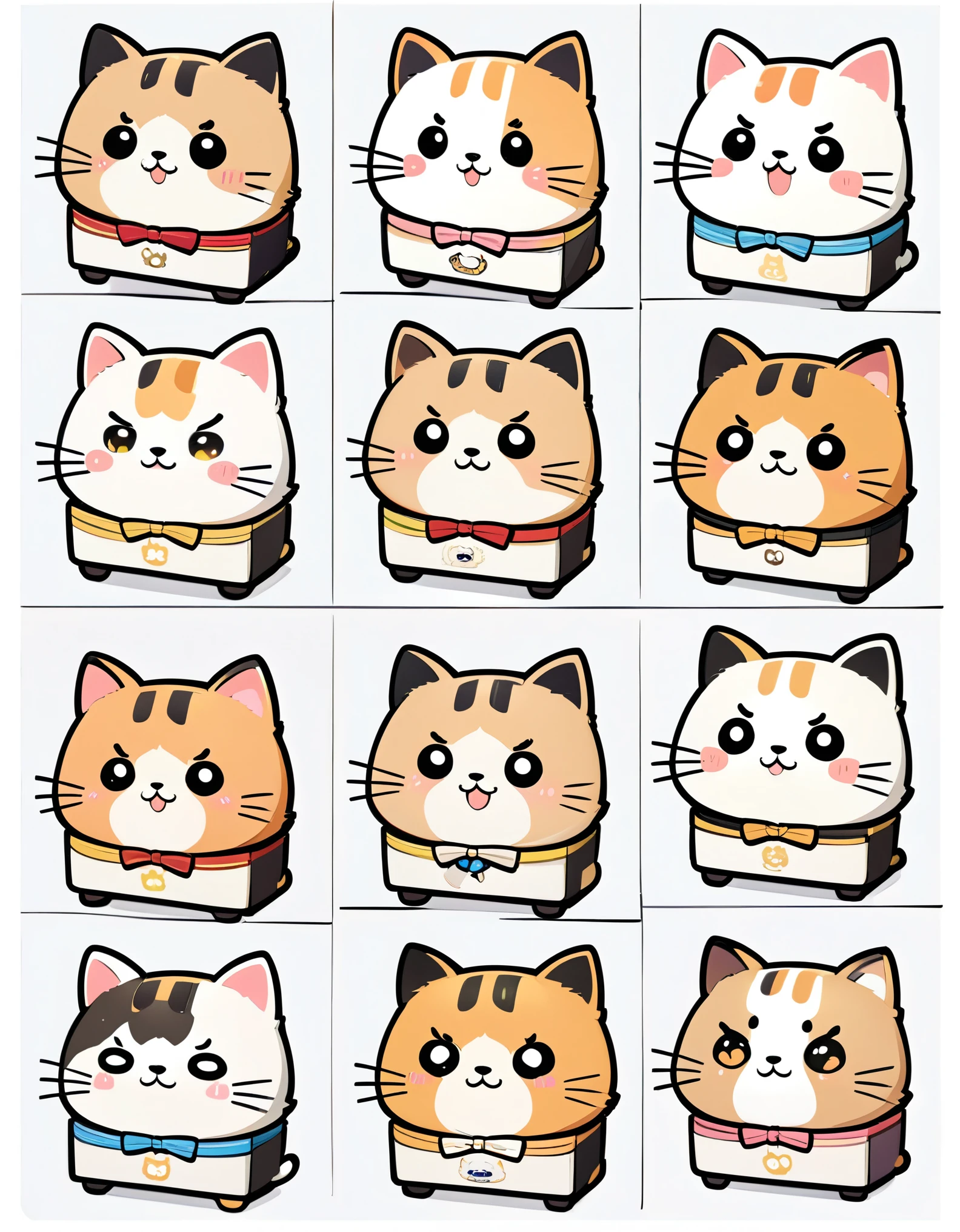 (masterpiece:1.2, Highest quality,Highest quality,Very detailedな:1.2),(Very detailed),(Best illustrations),8k,(Mr.々Postcards of small calico cat characters with cute expressions are arranged in a square.,Deformation,Very simple design,Rilakkuma style)