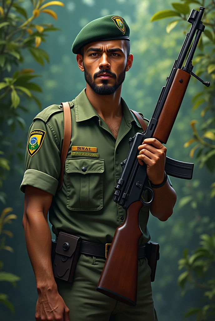 Draw a Brazilian army soldier holding a paintbrush in one hand and a rifle in the other