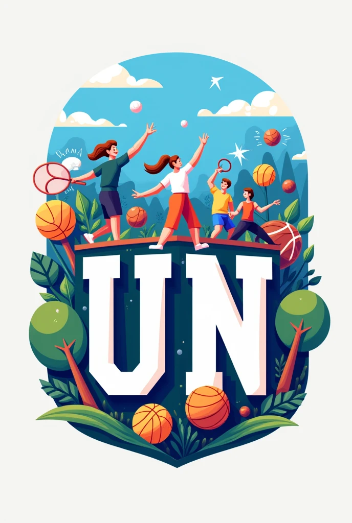 Logo for a university app with the big letters UN in the center, a little more lively with fields for different sports, To meet more people and share with colleagues, the white letters