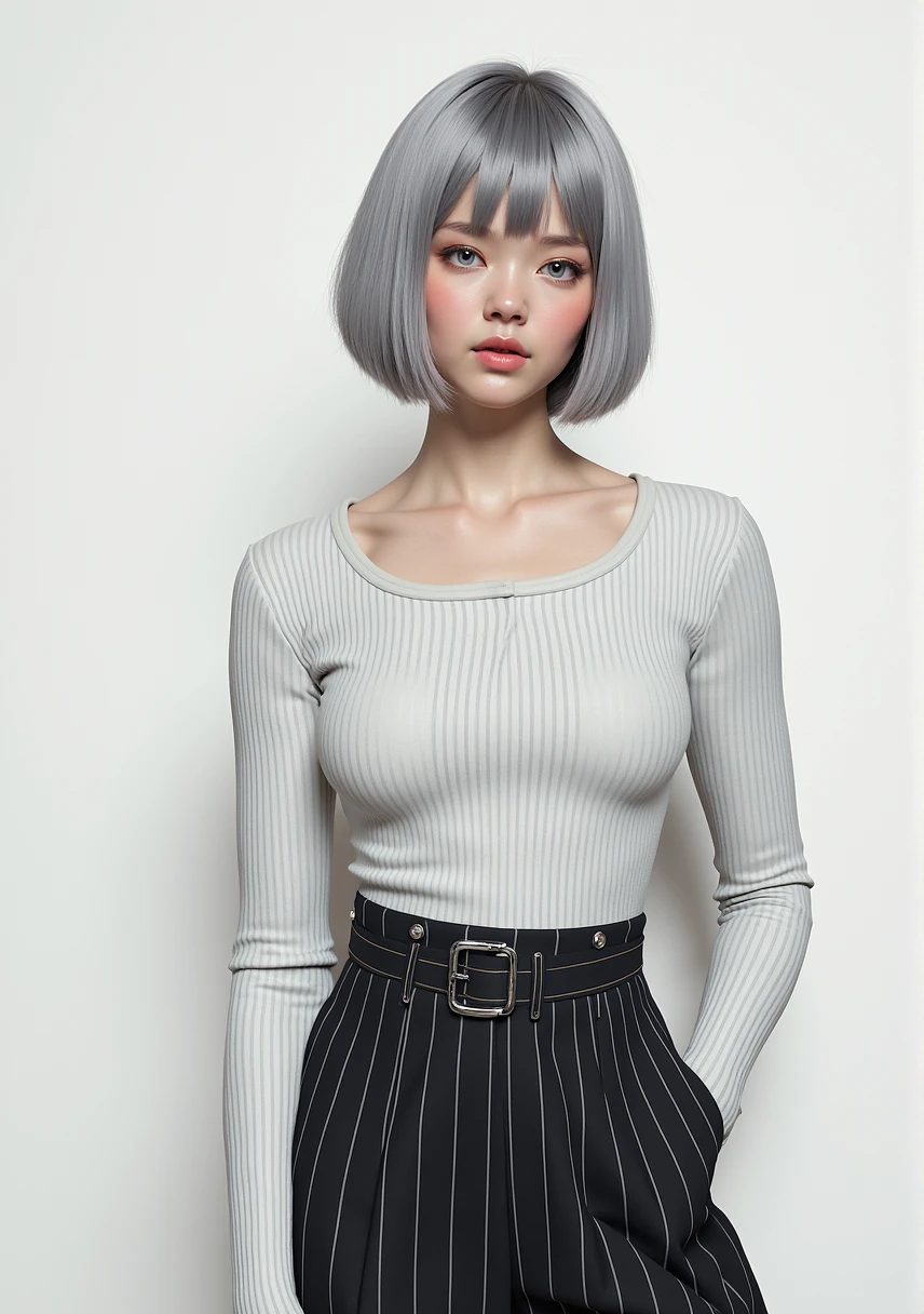 (RAW photo, best quality, masterpiece: 1.2), (photorealistic: 1.4), best lighting, 20 years old, (detail face, detail eyes, light gray eyes, light gray hair, short straight bob cut, Symmetrical eyes, huge breasts :1.3)