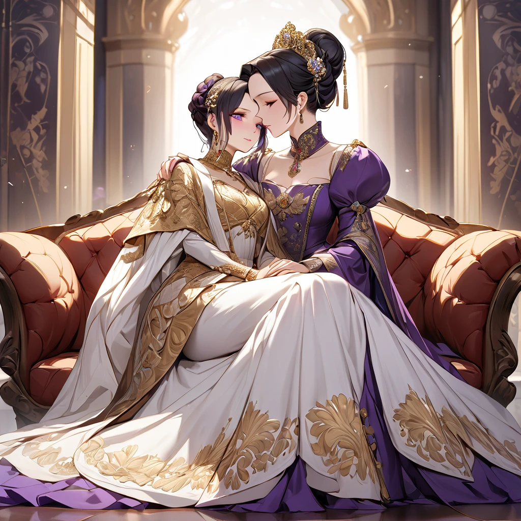 ((Highest quality)), ((masterpiece)), (detailed), （Perfect Face）、The woman is Shinobu Kocho, a Russian with black hair with purple gradient ends, tied in a bob hairstyle, an elegant, graceful and beautiful Russian noblewoman, and the Empress of the Great Russian Empire.、The woman is beautifully dressed in the gorgeous, glittering gold-colored Russian court dress of an ancient Russian empress, accessorized with luxurious accessories and kokoshniks.、The woman is standing next to a great and dignified old Russian emperor.、The woman is sitting on a luxurious sofa in the palace hugging and kissing the great old Russian emperor.