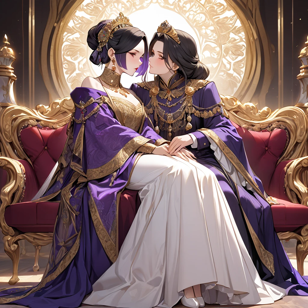 ((Highest quality)), ((masterpiece)), (detailed), (Perfect Face)、The woman is Shinobu Kocho, a Russian with black hair with purple gradient ends, tied in a bob hairstyle, an elegant, graceful and beautiful Russian noblewoman, and the Empress of the Great Russian Empire.、The woman is beautifully dressed in the gorgeous, glittering gold-colored Russian court dress of an ancient Russian empress, accessorized with luxurious accessories and kokoshniks.、The woman is standing next to a great and dignified old Russian emperor.、The woman is sitting on a luxurious sofa in the palace hugging and kissing the great old Russian emperor.