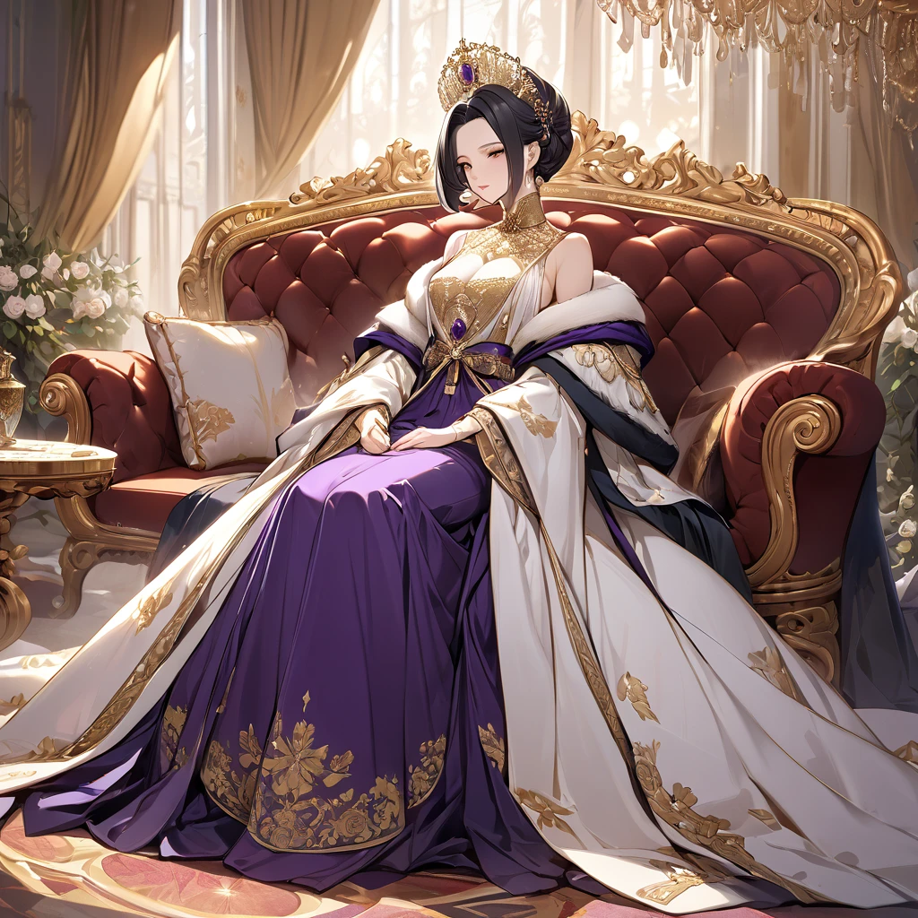 ((Highest quality)), ((masterpiece)), (detailed), (Perfect Face)、The woman is Shinobu Kocho, a Russian with black hair with purple gradient ends, tied in a bob hairstyle, an elegant, graceful and beautiful Russian noblewoman, and the Empress of the Great Russian Empire.、The woman is beautifully dressed in the gorgeous, glittering gold-colored Russian court dress of an ancient Russian empress, accessorized with luxurious accessories and kokoshniks.、The woman is standing next to a great and dignified old Russian emperor.、The woman is sitting on a luxurious sofa in the palace hugging and kissing the great old Russian emperor.