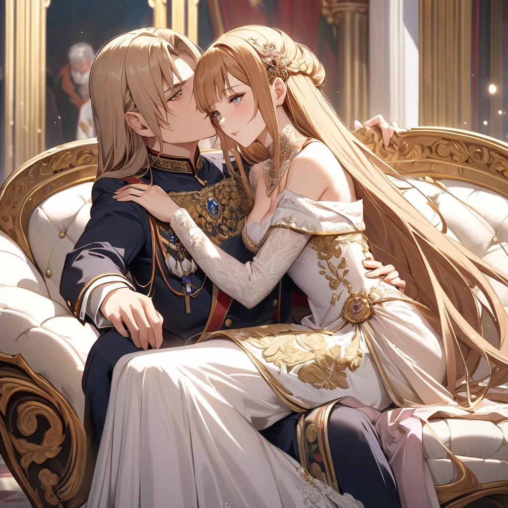 ((Highest quality)), ((masterpiece)), (detailed), (Perfect Face)、The woman is Yuuki Asuna, a Russian with light brown, medium-long hair, an elegant, graceful and beautiful Russian noblewoman, and the Empress of the Great Russian Empire.、The woman is beautifully dressed in the gorgeous and glittering gold-colored Russian court dress of an ancient Russian empress, with gorgeous accessories, and a beautiful and luxurious kokoshnik.、The woman is standing next to a great and dignified old Russian emperor.、The woman sits cozy with the great Russian emperor on a luxurious sofa in the palace.、The woman is sitting on a luxurious sofa in the palace hugging and kissing the great old Russian emperor.