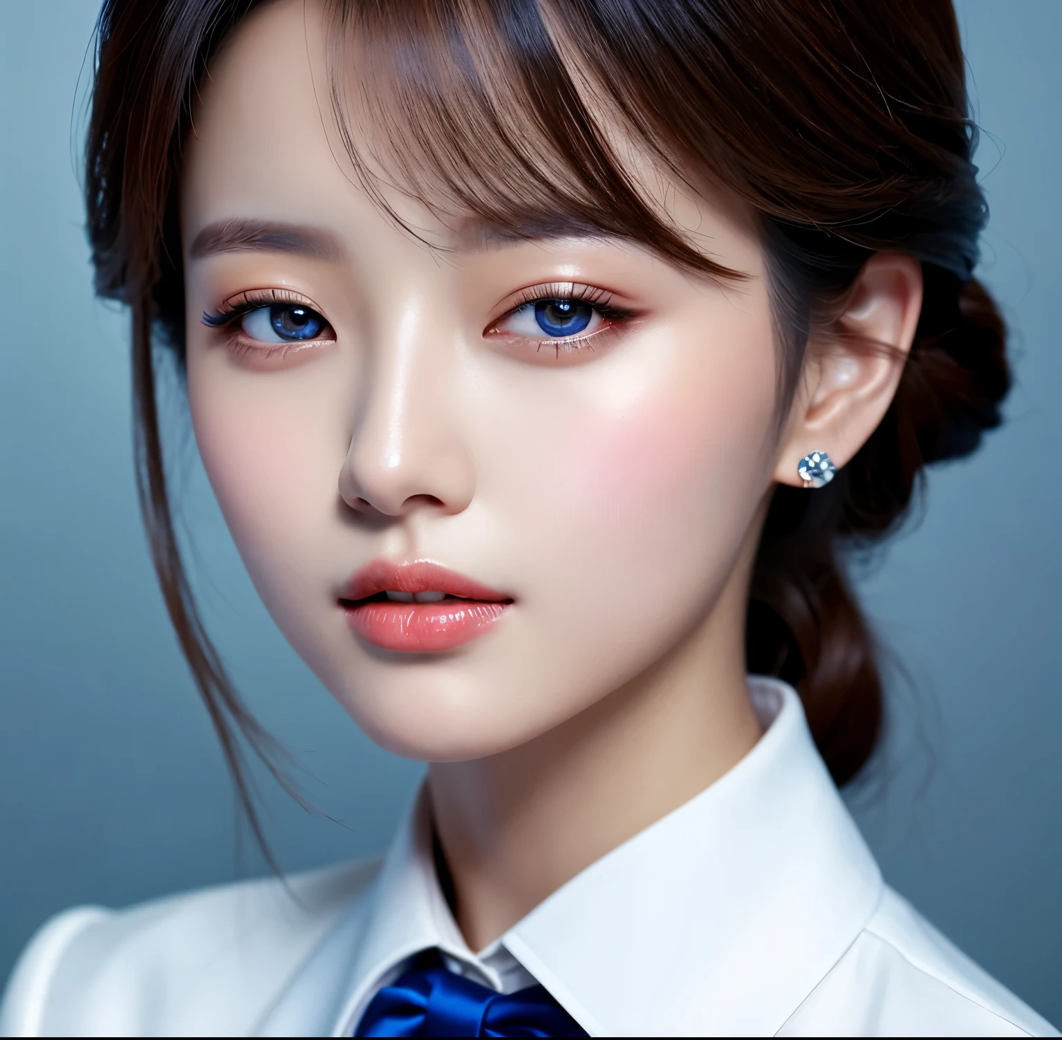 Close up portrait of woman in blue suit and white shirt, Elegant digital art, High-quality portraits, Shiny digital painting, Digital Art Images, Beautiful digital art, Elegant digital painting, Portraits of Korean female idols, Beautiful digital painting, Realistic cute girl drawing, high quality digital painting, TWICE's Tzuyu, Professional Profile Photo, Korean Girls