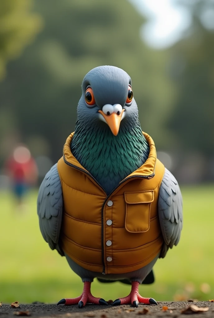 An animated pigeon with a jacket in the park on July 20, Ipiales, Nariño, Colombia

