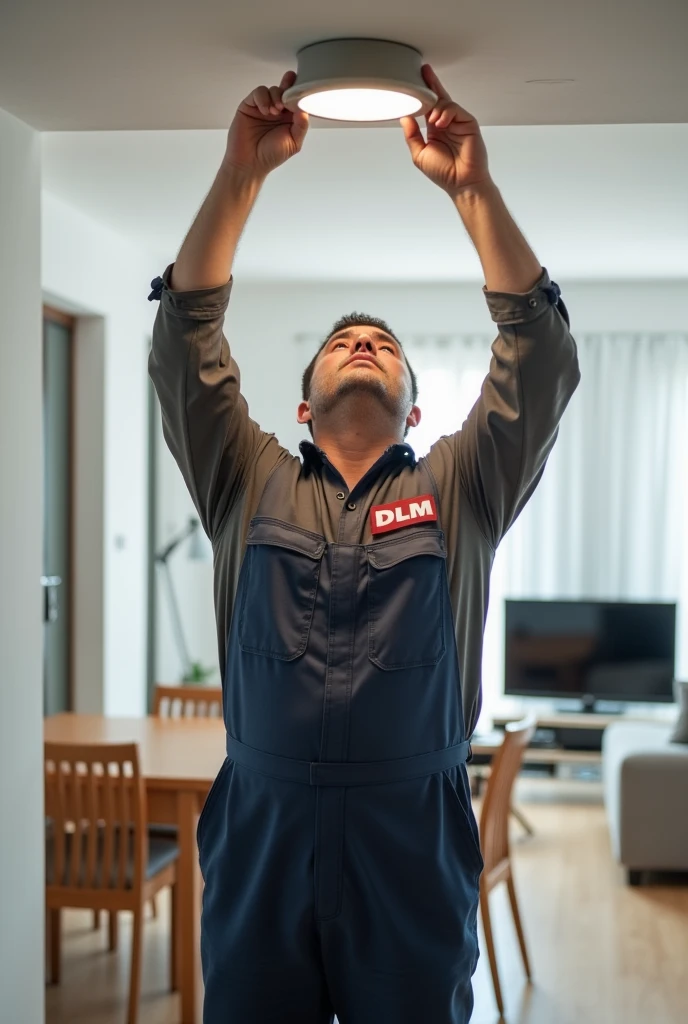 30 year old male technician, from sideways, changing ceiling light, ABNT standard of Brazil, wide image of house with white walls, showing table with chairs in the background of the image and living room with sofa and TV appearing in the background, with uniform written DLM