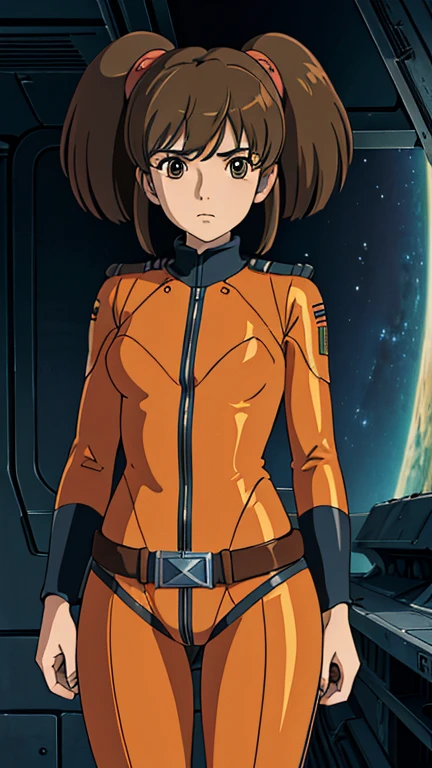 (Teens:1girl: misaki yuria), (extremely detailed CG unit 8k wallpaper),(master part), (best quality), (ultra detail), (best illustration),(Spaceship bridge), cowboy shot, (Sharp eyeliner, ombre, detailed eyes:1), break , (ghibli style), upper body, twintails
orange bodysuit, belt