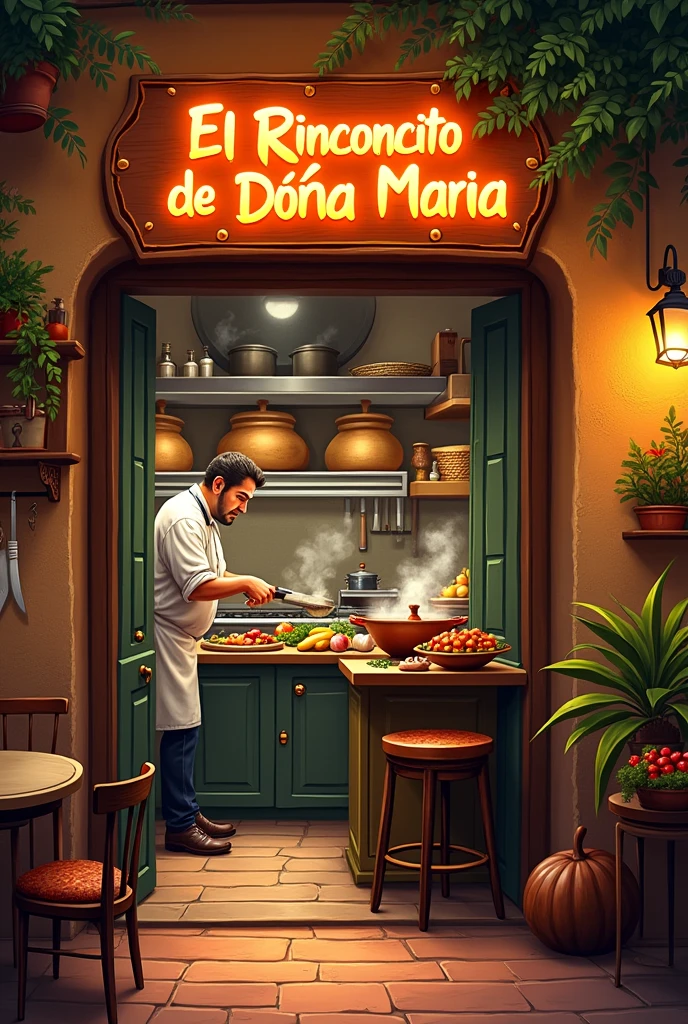 Restaurant titled El Rinconcito de Doña Maria with chef cooking (Spanish)