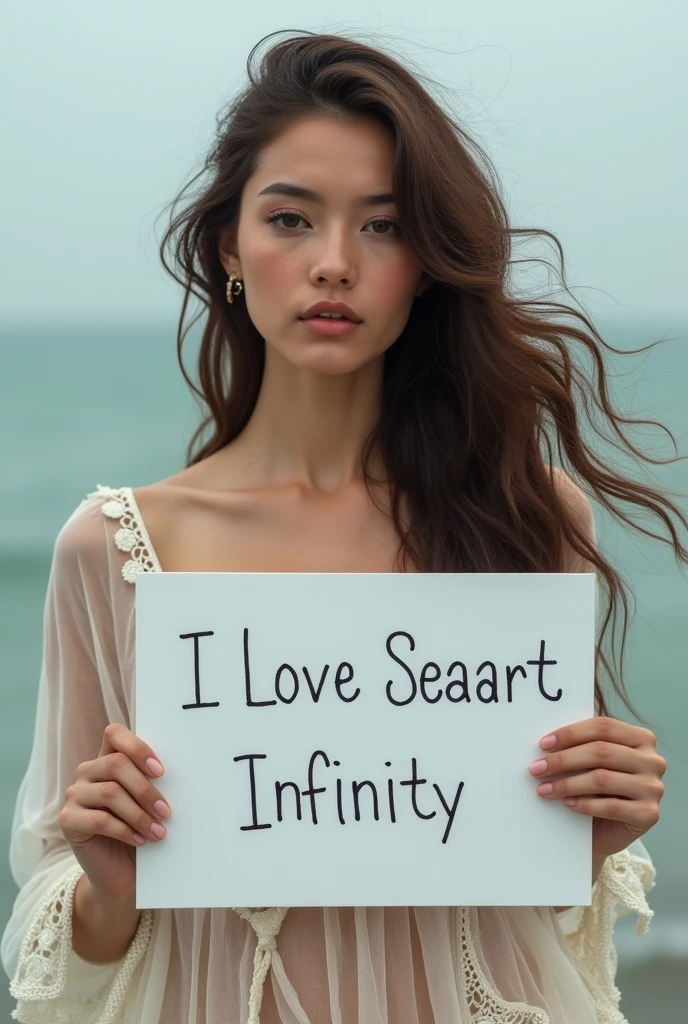 Beautiful girl with wavy long hair, bohemian dress, holding a white board with text "I Love Seaart Infinity" and showing it to the viewer