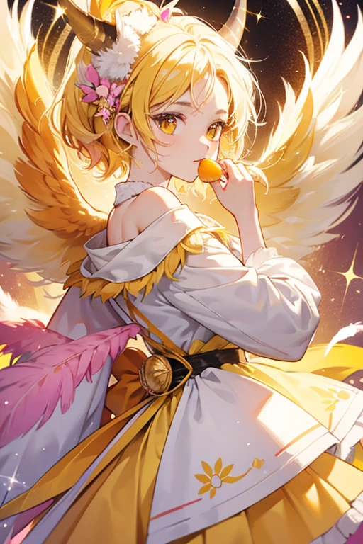 (masterpiece, best quality), 1girl, <lora:TowerOfGod_RonMei:0.8> RonMei, blonde hair, closed eyes, single hair bun, halo, hair ribbon, ahoge, orange dress, cleavage, angel wings, thigh strap