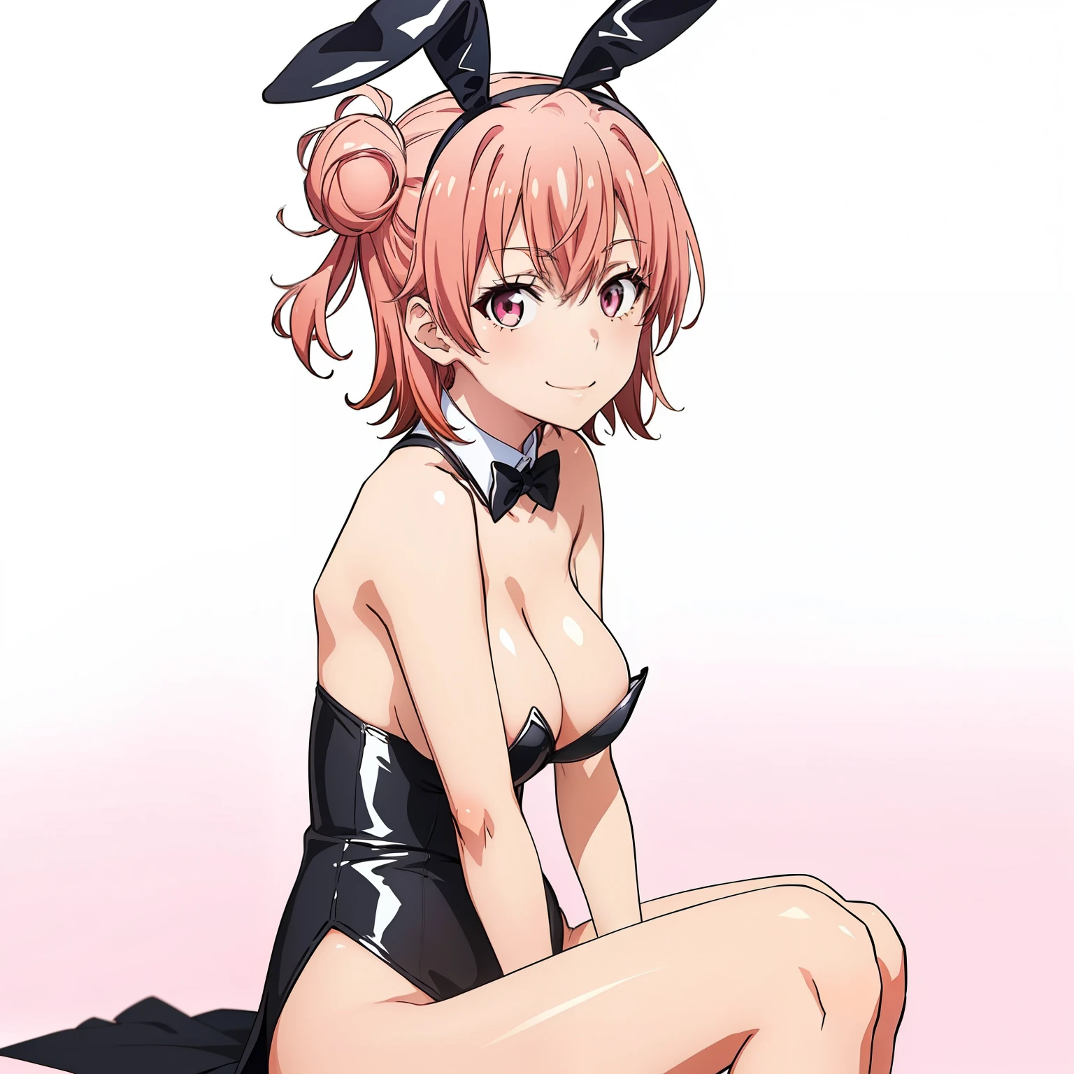 ((masutepiece, Best Quality, hight resolution, nffsw, Perfect Pixel, depth of fields, 4K, )), 1girl in, Solo, , Beautiful anime girl, Beautiful Art Style, close up, Looking at Viewer, Perfect body, side shot, Yuigahama Yui, Short hair, pink hair, pink eyes, hairbun, (large boob), side boob, sitting, black playboy bunny outfit, smile, hands on thighs, blank white background, shot from the waist up
