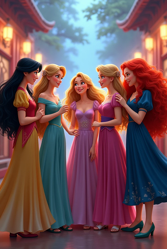 ((Best Quality)), ((masterpiece)), (detailed), ((group)) group de princesaa vestidas como en la actualidad ,  4 girls, Mulan, Rapunzel, Aurora and Merida, next to them a boy, Prince Flynn, having fun 