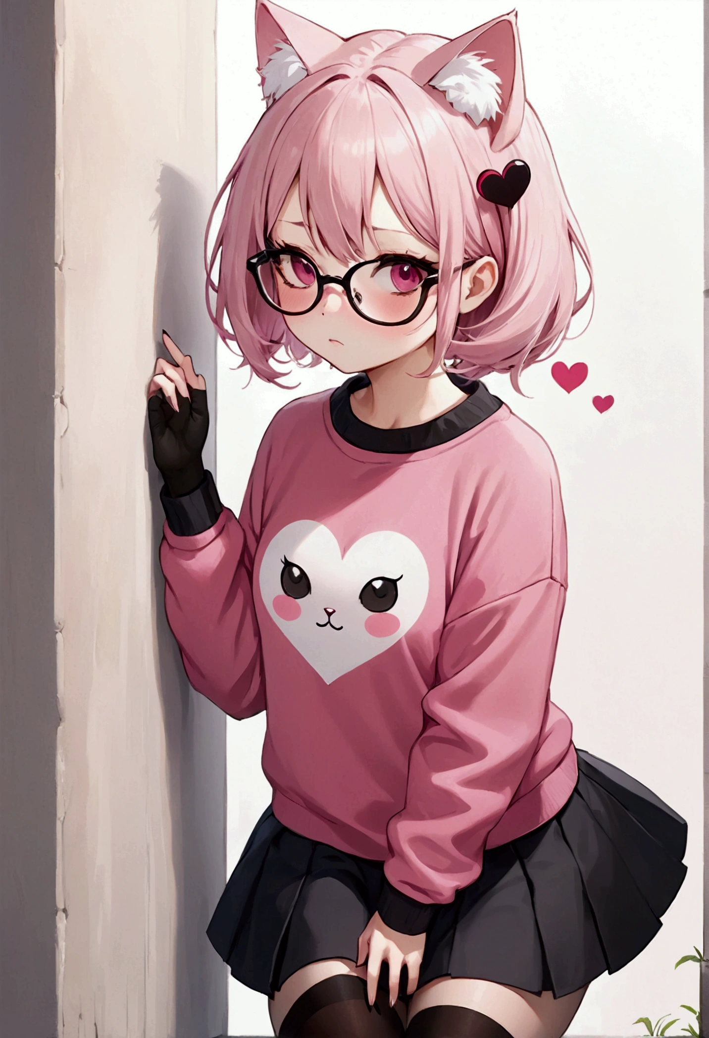 I have white pink hair, cat ears, a bun, my face is super blushing, black glasses, pink heart eyes, a big pink sweatshirt, a black skirt, black stockings, white shoes, a cat's tail, a girl. very shy that she is glued to a wall with her butt