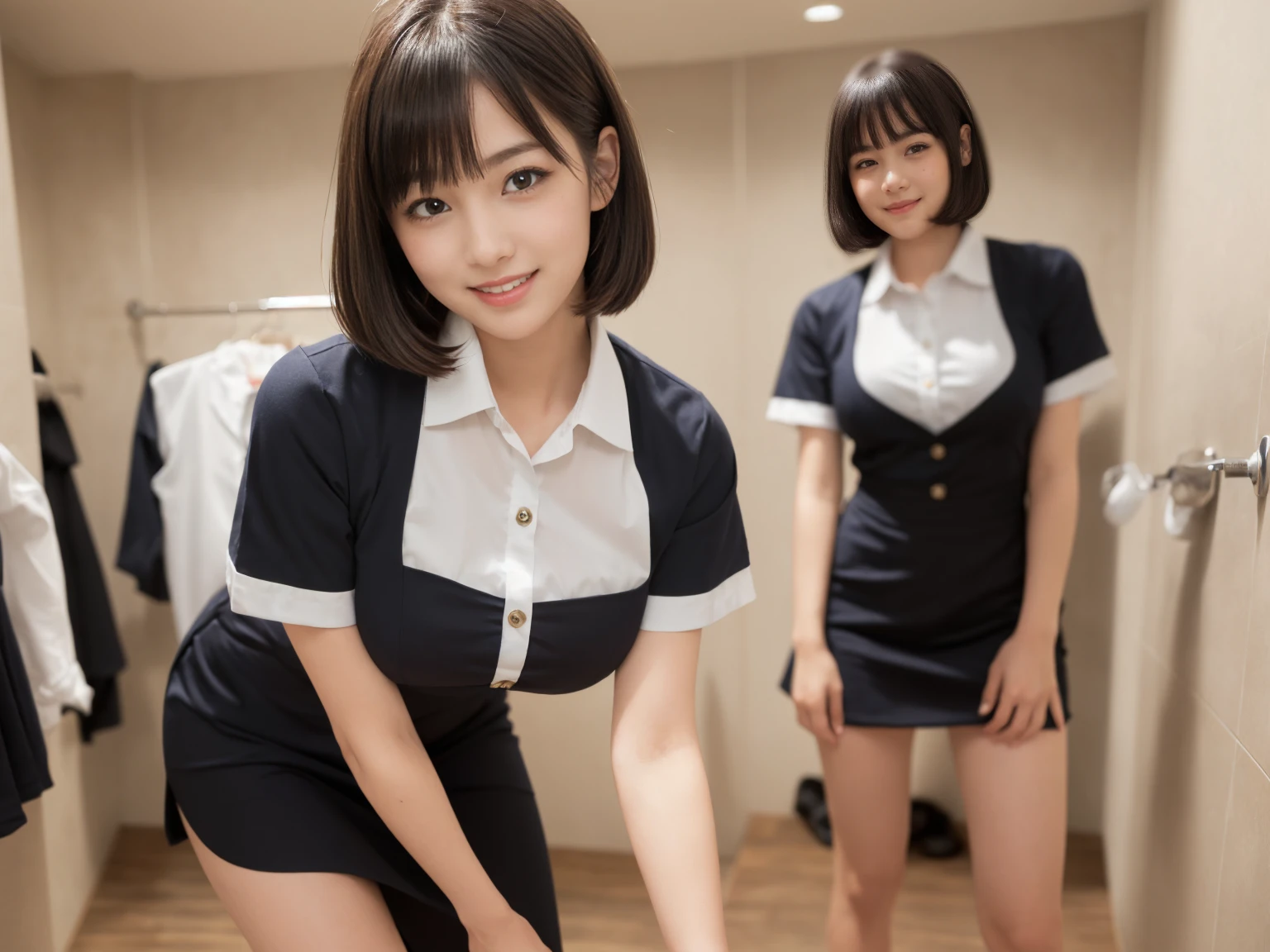 girls standing in school classroom,silky white short negligee,18-year-old,bangs,a little smile,thighs,knees,barrette,from below,front light