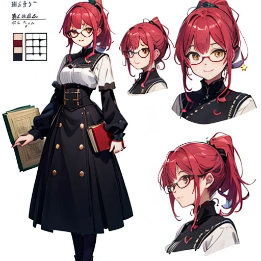 1 girl, Books, (masterpiece, highest quality),(Detailed Hair), ((glasses)), Super detailed, Anime Style, whole body, cute, whole bodyきぐるみ, red hair with ponytail、yellow eyes, ponytail,、Digital Painting, 8K High Resolution, whole body, White Background, Dynamic pose, Dynamic composition, smile, pastel colour, stars, ((cozy outfit)), (((character sheet))), (motherly figure)