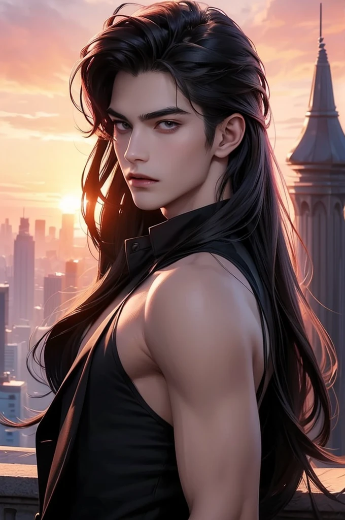 (Best quality)), ((masterpiece)), (detailed), ((perfect face)), ((halfbody)) perfect proporcions, He is a handsome vampire, 18 years old, he is sexy, long hair, badass, He has his back to the camera, he is on top of a building, pink sunset sky ((perfect face)) halfbody