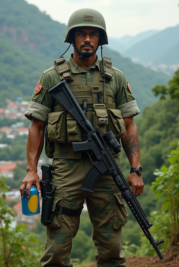 Draw a Brazilian army soldier holding a can of paint in one hand and a rifle in the other