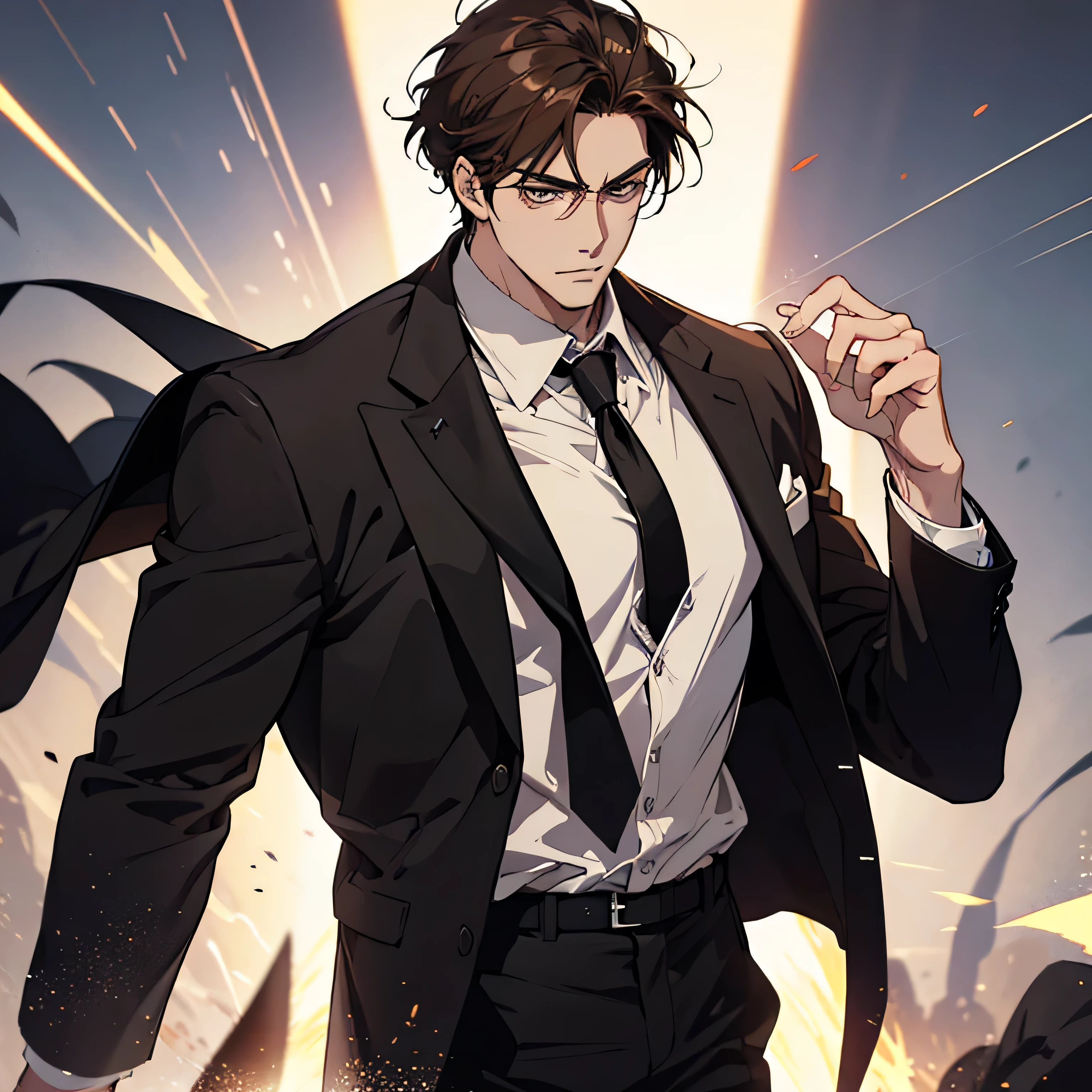 Character sheet of a big, tall man, anime style, brown hair. White shirt, unbuttoned black jacket, formal clothing. Electrical powers, little rays around. Cinematographic lighting. Anime style, cartoon style, half body. Anime style, digital art. Simple background.