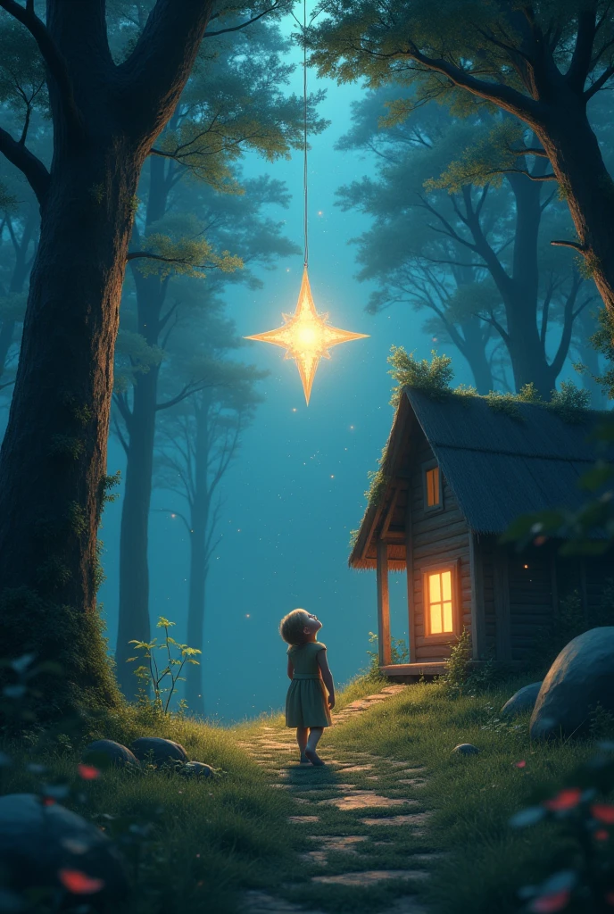 A child closing his eyes and a star is slowly descending to his roof where the child is , It&#39;s in the forest that&#39;s on your roof of your roof of your house 
