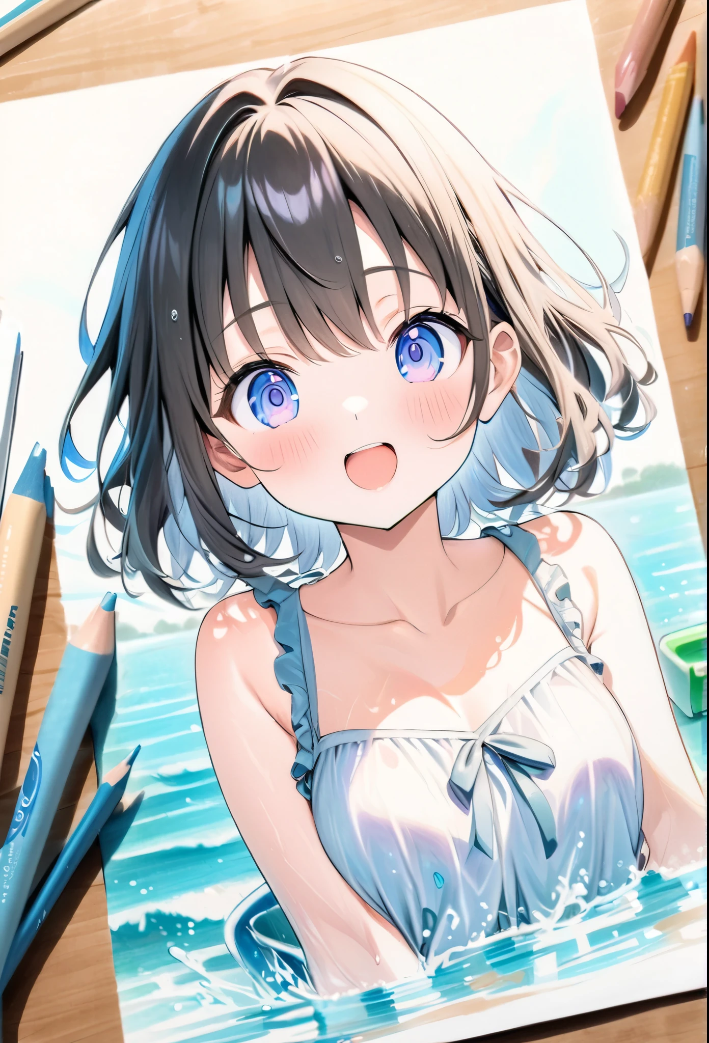 ((style:colored pencil,Pale colors)),(masterpiece:1.2),(anime),Riverside、Water Play、girl、cute、sunlight、summer