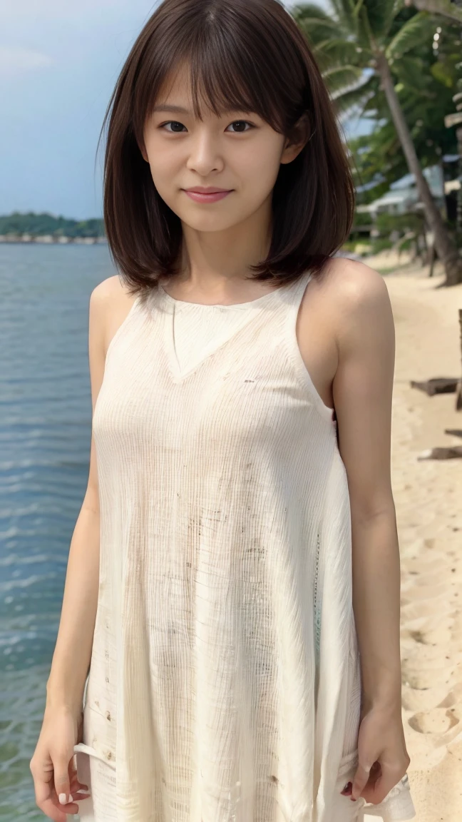 (top-quality, 16K, ​masterpiece:1.3), (ultra detailed), (masterpiece), (best quality), Highest quality, Realistic, Surreal, Highest quality, Extremely detailed CG, Very delicate, 16K wallpaper, High resolution, ((Detailed Background)), slender body, very detailed, detailed fingers, detailed hands, detailed eyes, detailed skin texture, textured skin, realistic smooth soft skin, accurate and perfect human anatomy, white and soft thighs, realistic smooth soft skin, real human skin, White and tender thighs, (42 years old:1.5), ((beautiful straight long hair:1.5)), ((bangs:1.5)), (A very small mole on the left cheek２There are), BREAK ((small breast)), (((little girl's body:1.5))), (((petite body:1.5))), pretty girl, ((arched back:1.5)), ((standing:1.5)), ((whole body from far away:1.5)), ((Front view:1.5)), ((medium shot:1.5)), ((outdoor:1.5)), ((contrast between the sea and the white sandy beach:1.5)), in the morning, BREAK cute girl, short girl, short arms, ((small eyes)), fleeting atmosphere, ((thin eyebrows:1.2)), ((thin lips:1.2)), ((dynamic pose:0.6)), BREAK ((wearing a white casual dress:1.5)), ((necklace)), ((Shy Smile:1.2)), ((Scared:1.5)), ((frightened:1.5)), BREAK ((look into the viewer's eyes:1.5)), ((looking at viewer:1.5)),