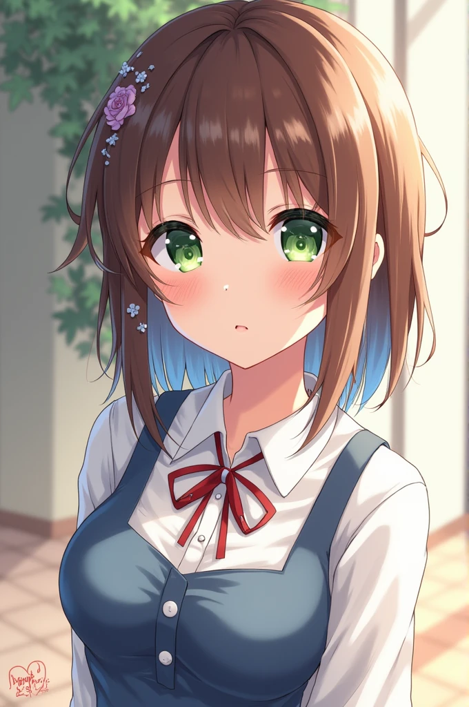 Anime girl with medium brown hair and blue locks, green eyes in pretty clothes